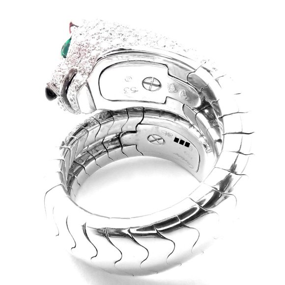 Authentic! Cartier Panther 18k White Gold Diamond Emerald Onyx Band Ring Cert. - Picture 4 of 10